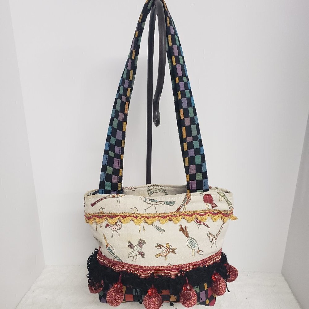 Salty Bags Bird Print Pom Pom Boho Shoulder Festival Artsy